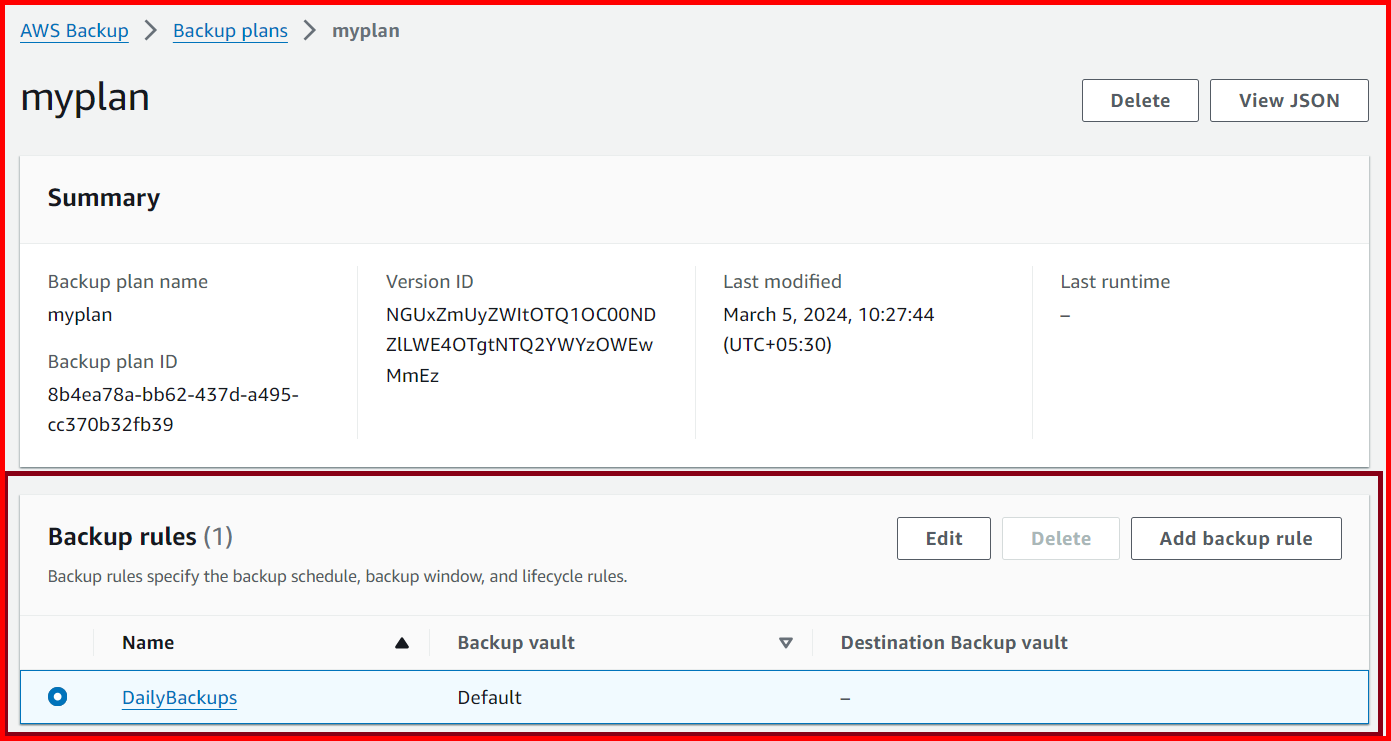 Picture showing the backup rule created in AWS console
